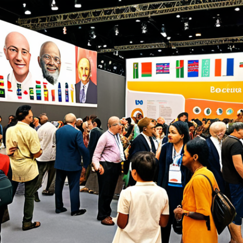 Home 16 ** A vibrant scene depicting a diverse group of people from different backgrounds, all engaged in lively conversation. The setting is a bustling international conference with banners showcasing various languages. The image should emphasize the richness and variety of human thought expressed through different languages and cultures.
**