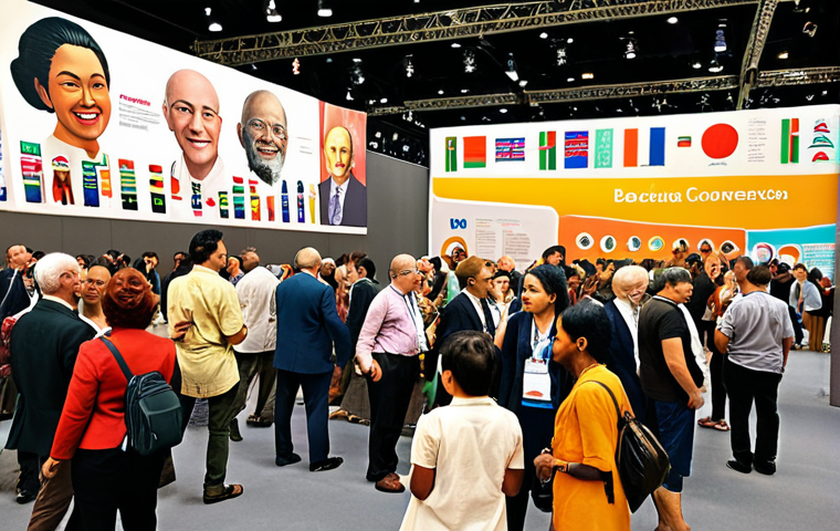** A vibrant scene depicting a diverse group of people from different backgrounds, all engaged in lively conversation. The setting is a bustling international conference with banners showcasing various languages. The image should emphasize the richness and variety of human thought expressed through different languages and cultures.

**