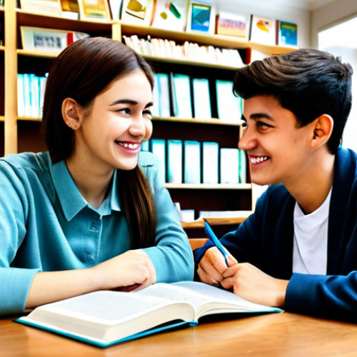 Home 15 Language Learning with a Friend**
A young woman, fully clothed in modest casual wear, is happily studying a language with a friend (male), also fully clothed. They are sitting at a table in a bright, cozy cafe, surrounded by books and language learning materials. The atmosphere is friendly and encouraging. Perfect anatomy, correct proportions, well-formed hands, natural pose, appropriate attire, safe for work, family-friendly, professional illustration, high quality.
**