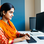 A professional woman in a modest sari, sitting at a desk in a brightly lit, modern office, working on a computer, fully clothed, appropriate attire, safe for work, perfect anatomy, natural proportions, professional photography, high quality, family-friendly.