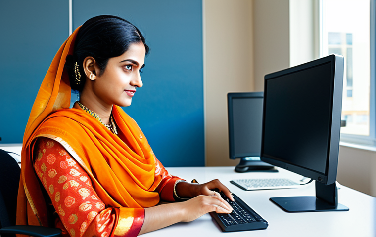 A professional woman in a modest sari, sitting at a desk in a brightly lit, modern office, working on a computer, fully clothed, appropriate attire, safe for work, perfect anatomy, natural proportions, professional photography, high quality, family-friendly.