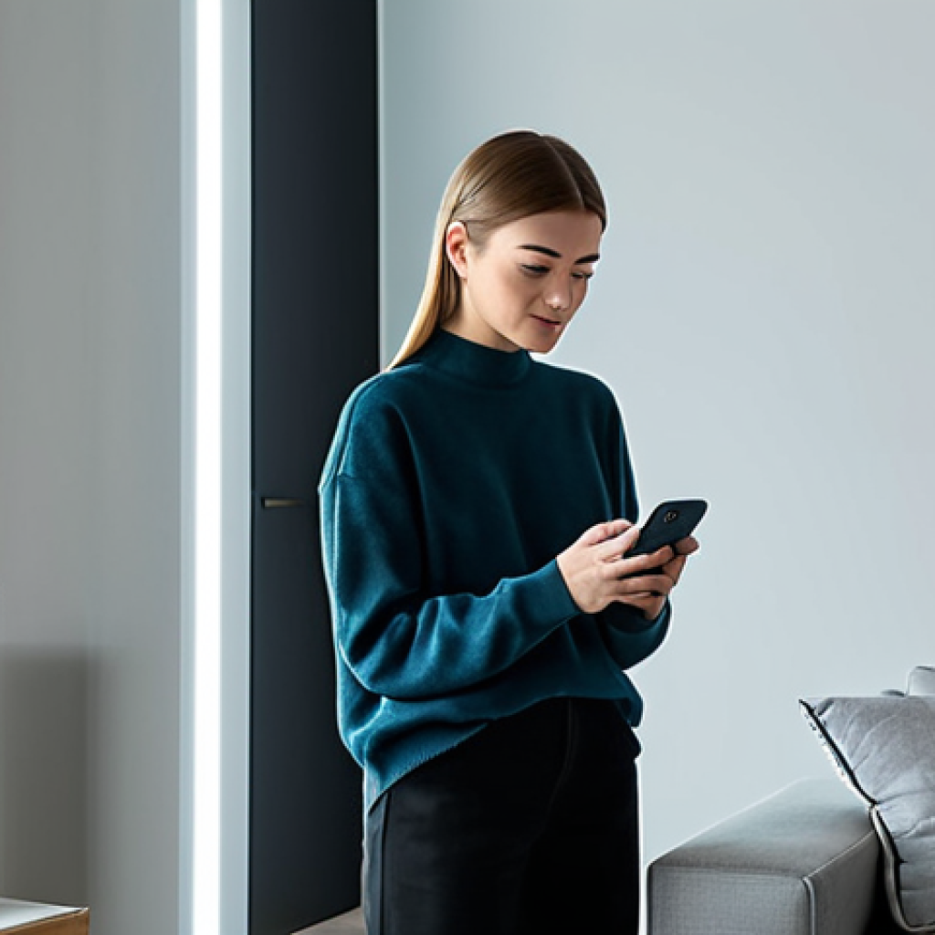 화자의 정체성 - A young professional woman in a modern, minimalist apartment, fully clothed in stylish casual wear, ...