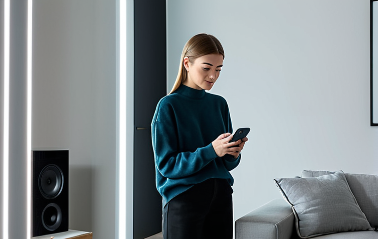 화자의 정체성 - A young professional woman in a modern, minimalist apartment, fully clothed in stylish casual wear, ...