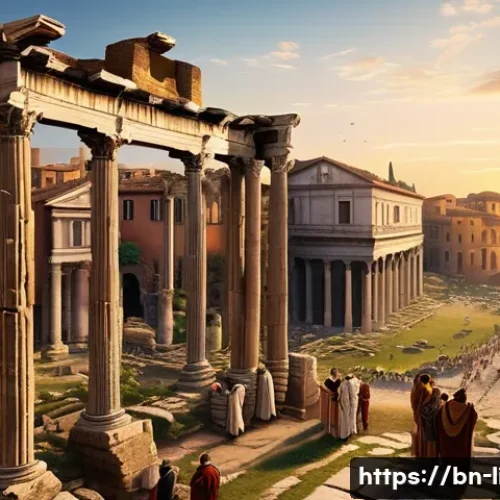 라틴어 기원 연구 - An ancient Roman forum scene at sunset, showcasing a bustling city center with Roman citizens dresse...