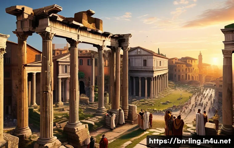 라틴어 기원 연구 - An ancient Roman forum scene at sunset, showcasing a bustling city center with Roman citizens dresse...