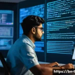 기계 학습을 활용한 문법 분석 - A futuristic workspace scene featuring a diverse Bengali software engineer working on machine learni...