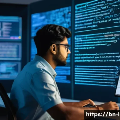 기계 학습을 활용한 문법 분석 - A futuristic workspace scene featuring a diverse Bengali software engineer working on machine learni...