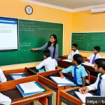 코퍼스 언어학 - A detailed digital illustration of a Bengali language classroom scene focusing on syntax and sentenc...